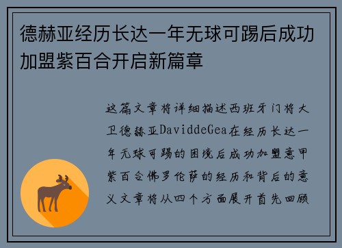 德赫亚经历长达一年无球可踢后成功加盟紫百合开启新篇章